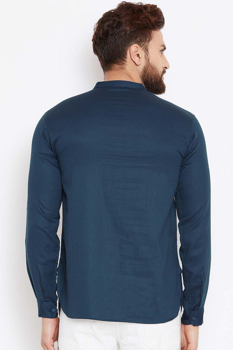Buy Blended Cotton Solid Kurta in Navy Blue Online - Zoom In