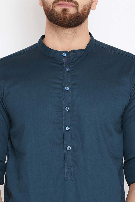 Buy Blended Cotton Solid Kurta in Navy Blue Online - Zoom Out