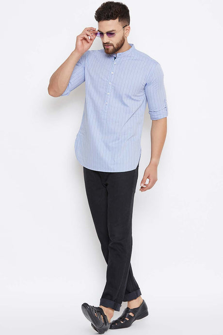 Buy Blended Cotton Striped Kurta in Blue Online - Back