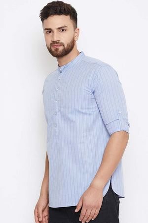 Buy Blended Cotton Striped Kurta in Blue Online - Front
