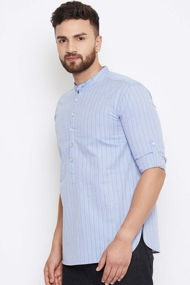 Buy Blended Cotton Striped Kurta in Blue Online - Front