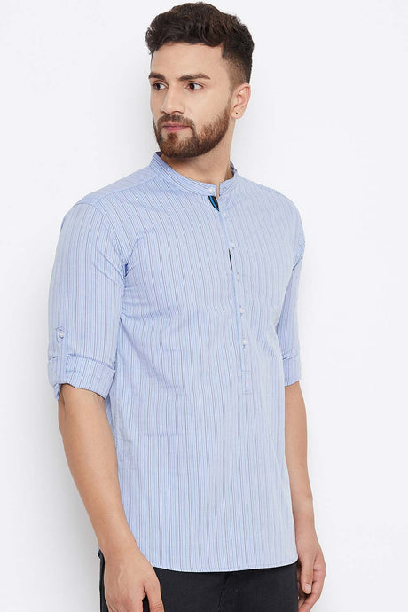 Buy Blended Cotton Striped Kurta in Blue Online - Side