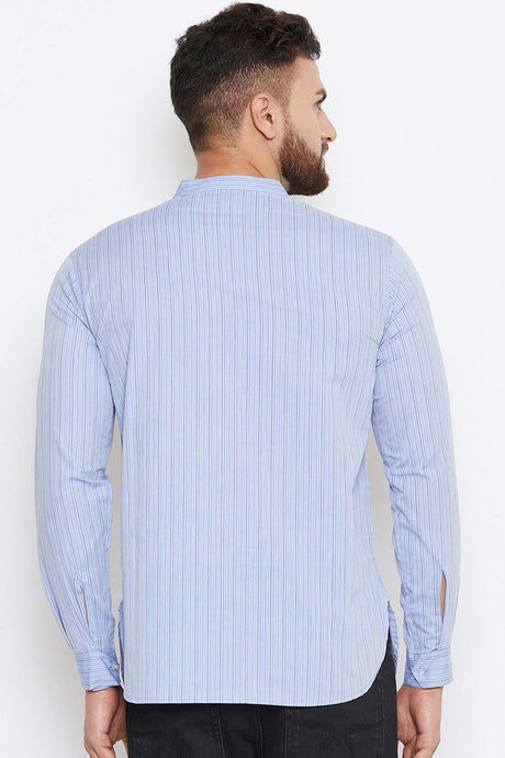 Buy Blended Cotton Striped Kurta in Blue Online - Zoom In