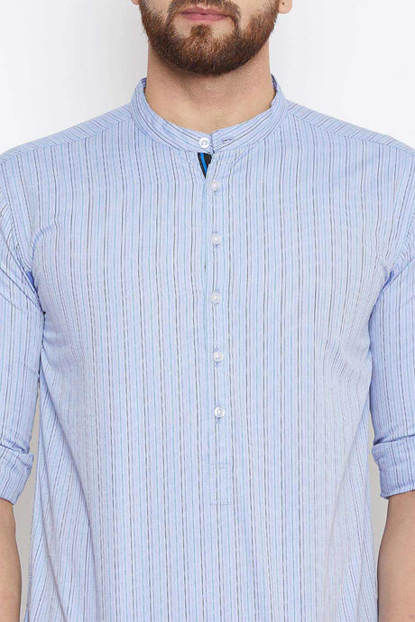 Buy Blended Cotton Striped Kurta in Blue Online - Zoom Out