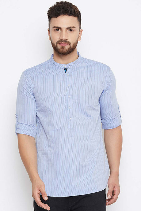 Buy Blended Cotton Striped Kurta in Blue Online