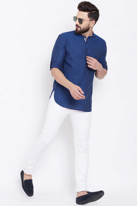 Buy Blended Cotton Solid Kurta in Navy Blue Online - Back