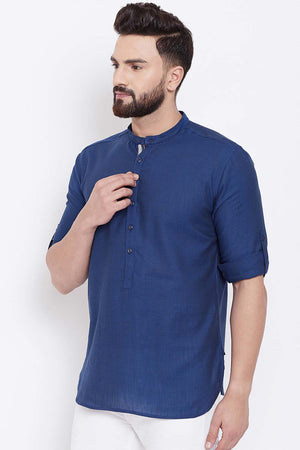 Buy Blended Cotton Solid Kurta in Navy Blue Online - Front