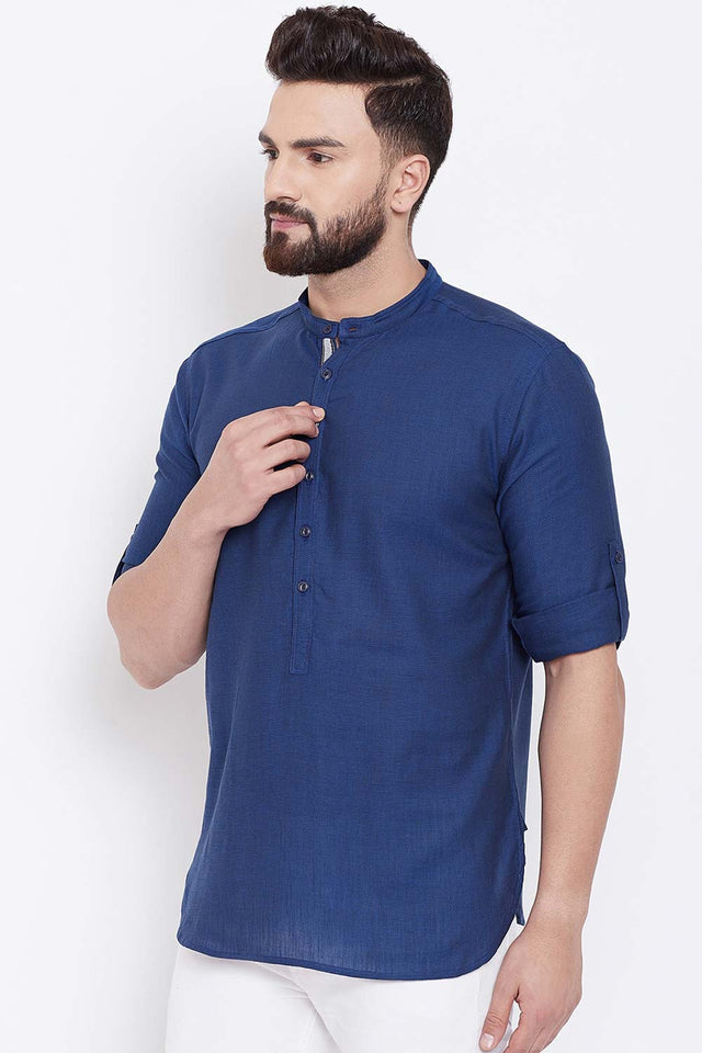 Buy Blended Cotton Solid Kurta in Navy Blue Online - Front