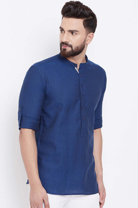 Buy Blended Cotton Solid Kurta in Navy Blue Online - Side