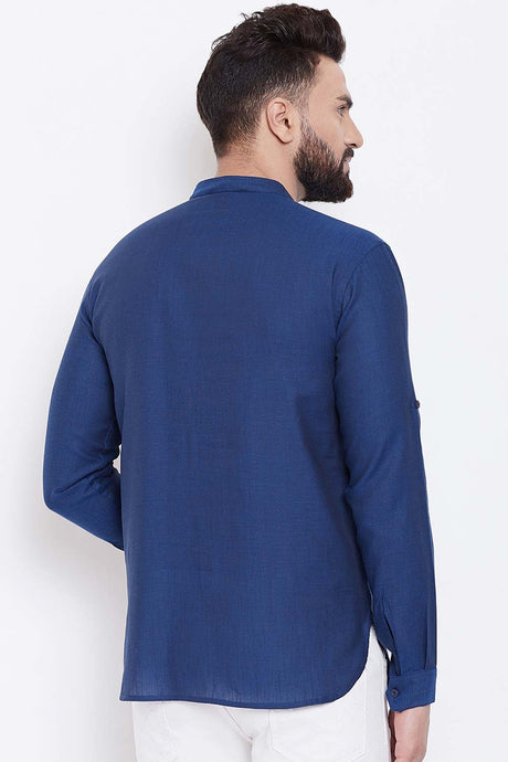 Buy Blended Cotton Solid Kurta in Navy Blue Online - Zoom In