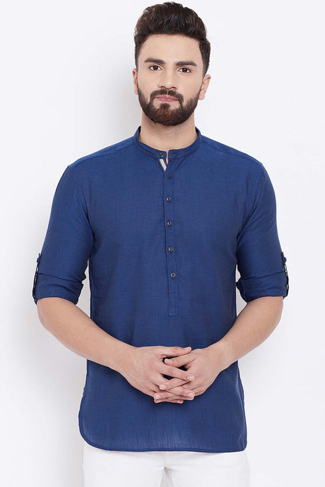 Buy Blended Cotton Solid Kurta in Navy Blue Online