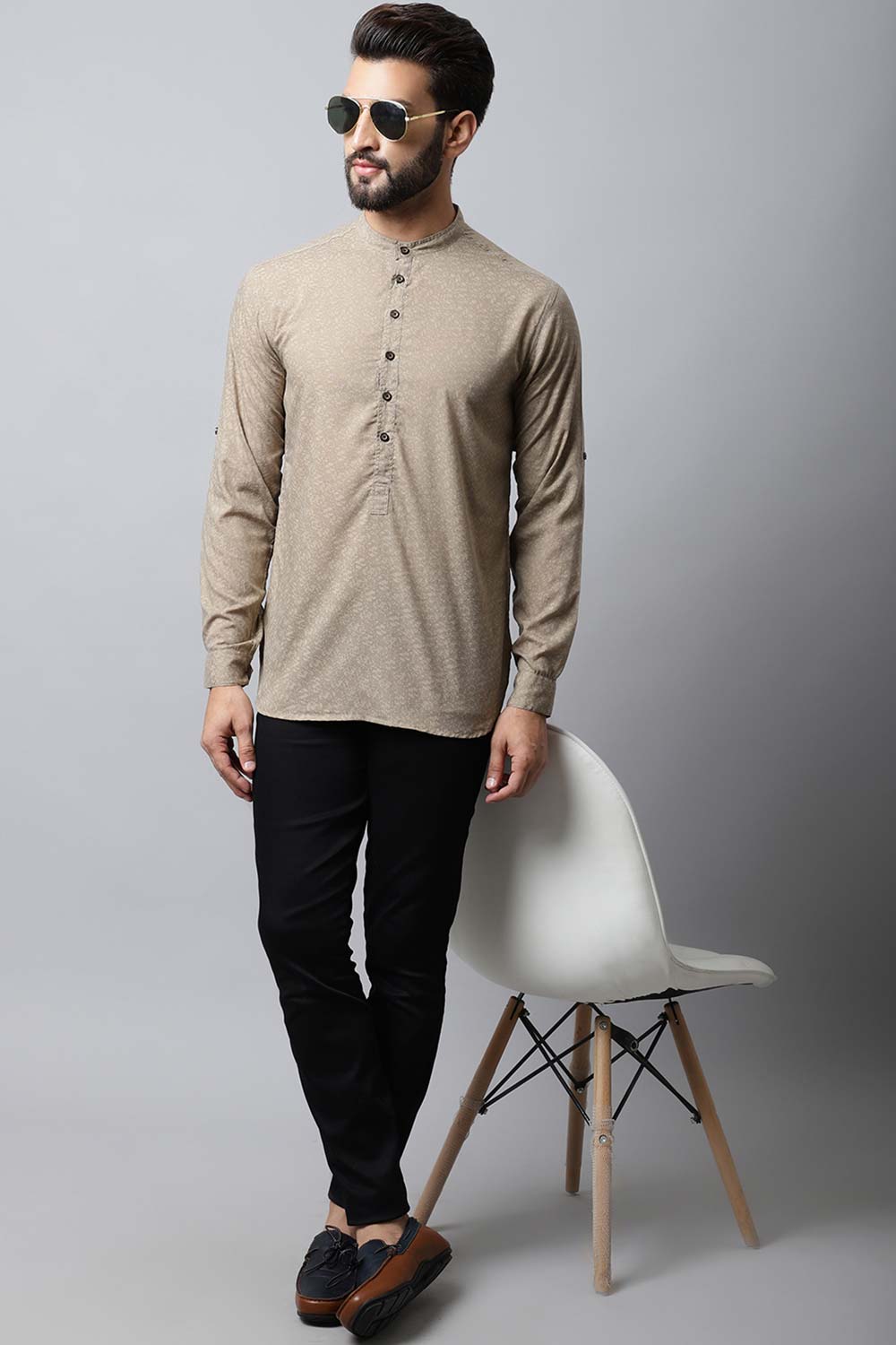 Men's Light Beige Solid Full Sleeve Short Kurta Top (TK-SLD072-BGC)