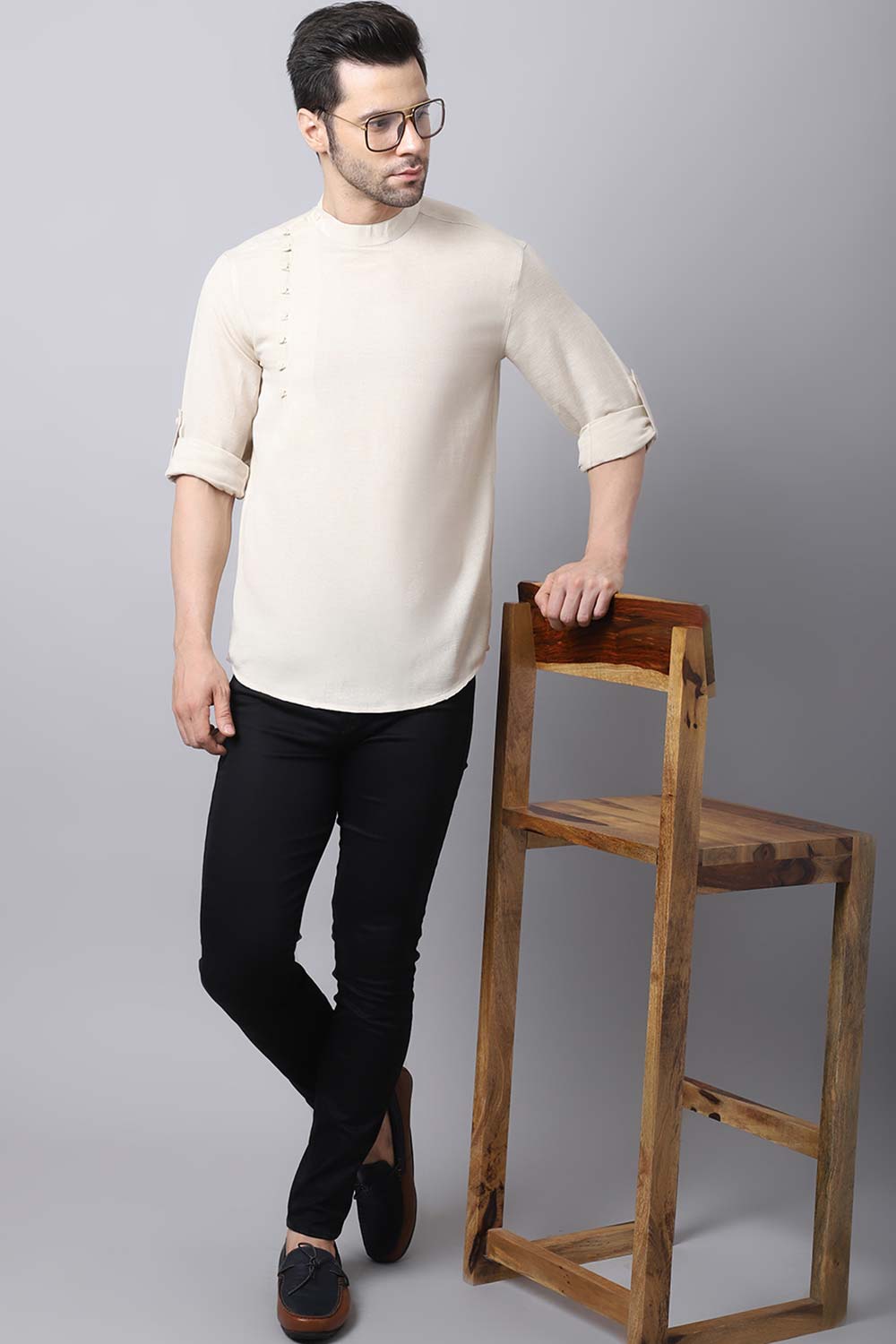 Men's Light Cream Solid Full Sleeve Short Kurta Top