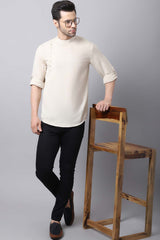 Men's Light Cream Solid Full Sleeve Short Kurta Top