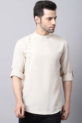 Men's Light Cream Solid Full Sleeve Short Kurta Top