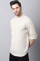 Men's Light Cream Solid Full Sleeve Short Kurta Top