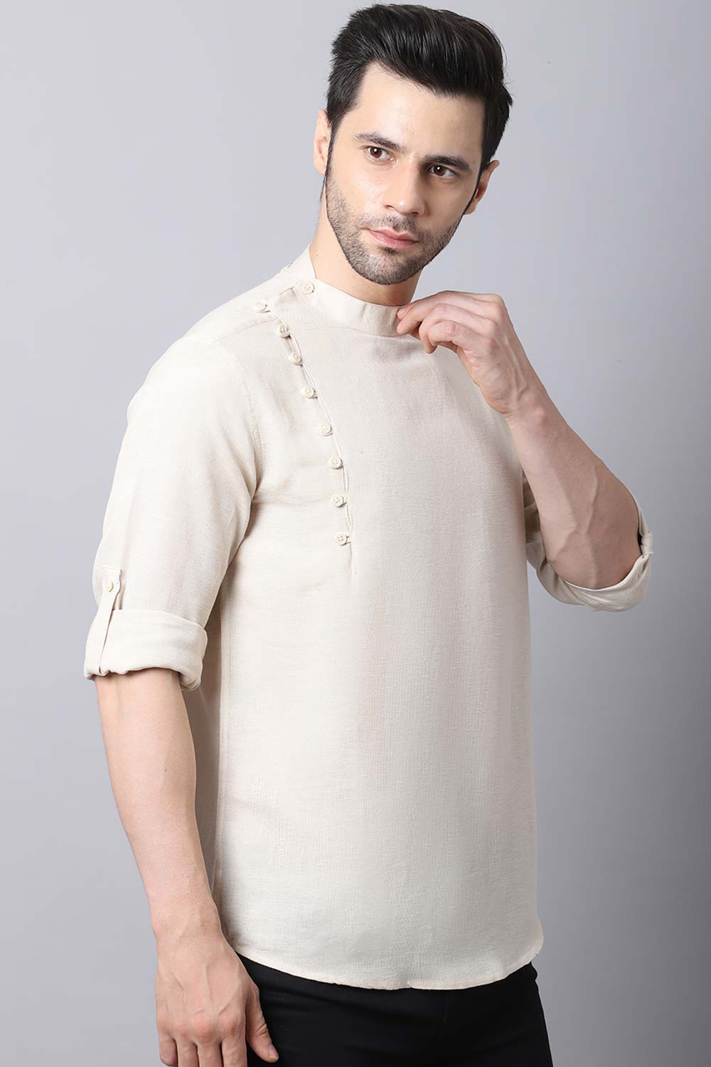 Men's Light Cream Solid Full Sleeve Short Kurta Top