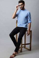 Men's Light Blue Solid Full Sleeve Short Kurta Top