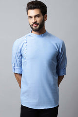 Men's Light Blue Solid Full Sleeve Short Kurta Top