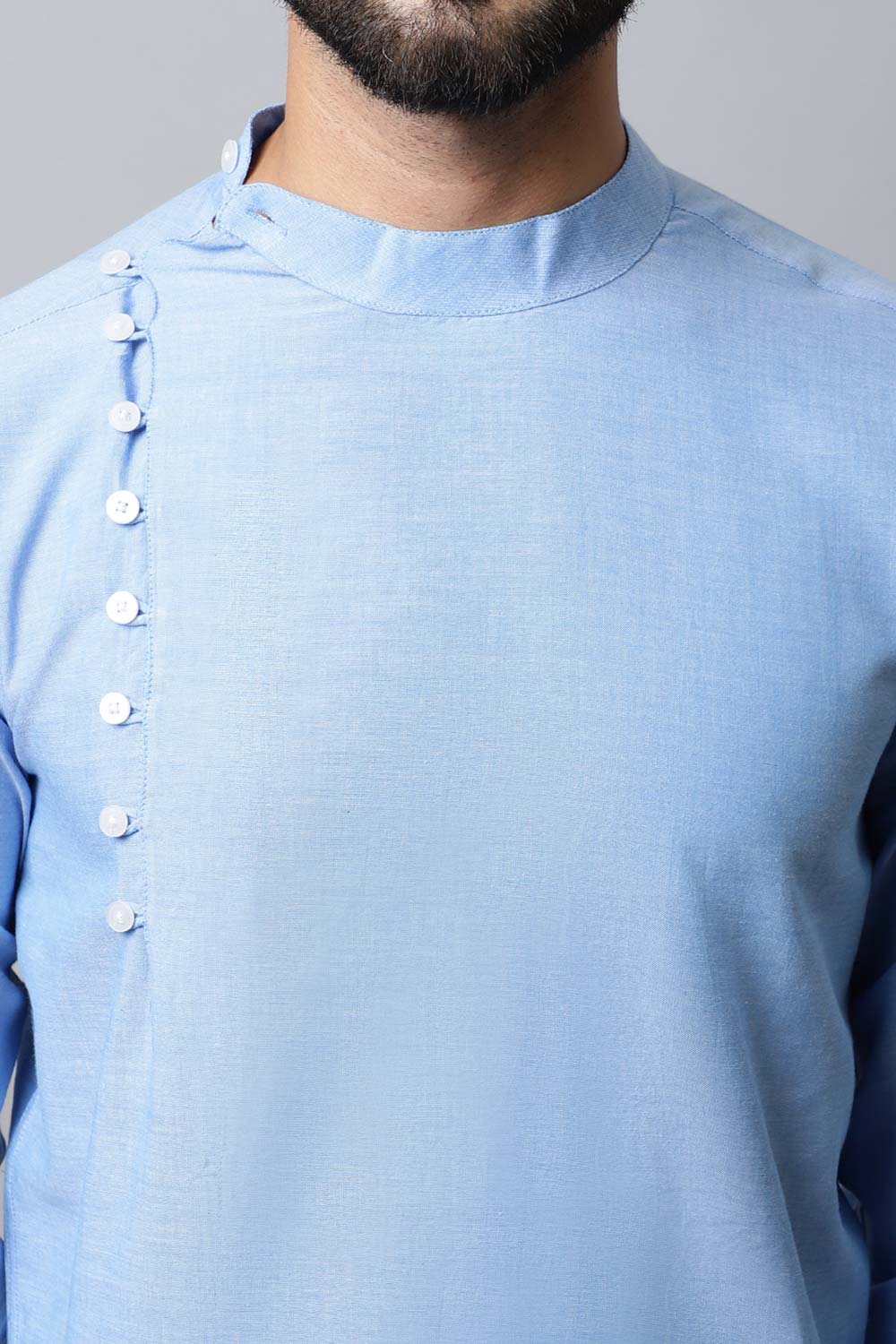 Men's Light Blue Solid Full Sleeve Short Kurta Top