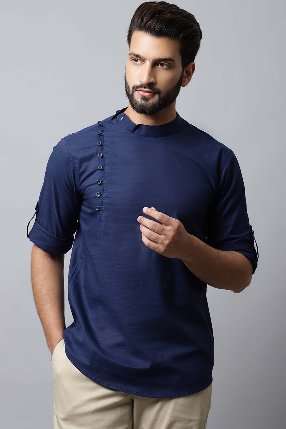 Men's Dark Blue Solid Full Sleeve Short Kurta Top