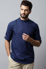 Men's Dark Blue Solid Full Sleeve Short Kurta Top