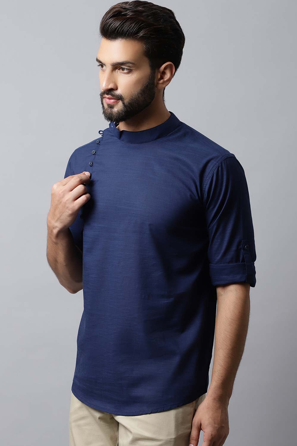Men's Dark Blue Solid Full Sleeve Short Kurta Top