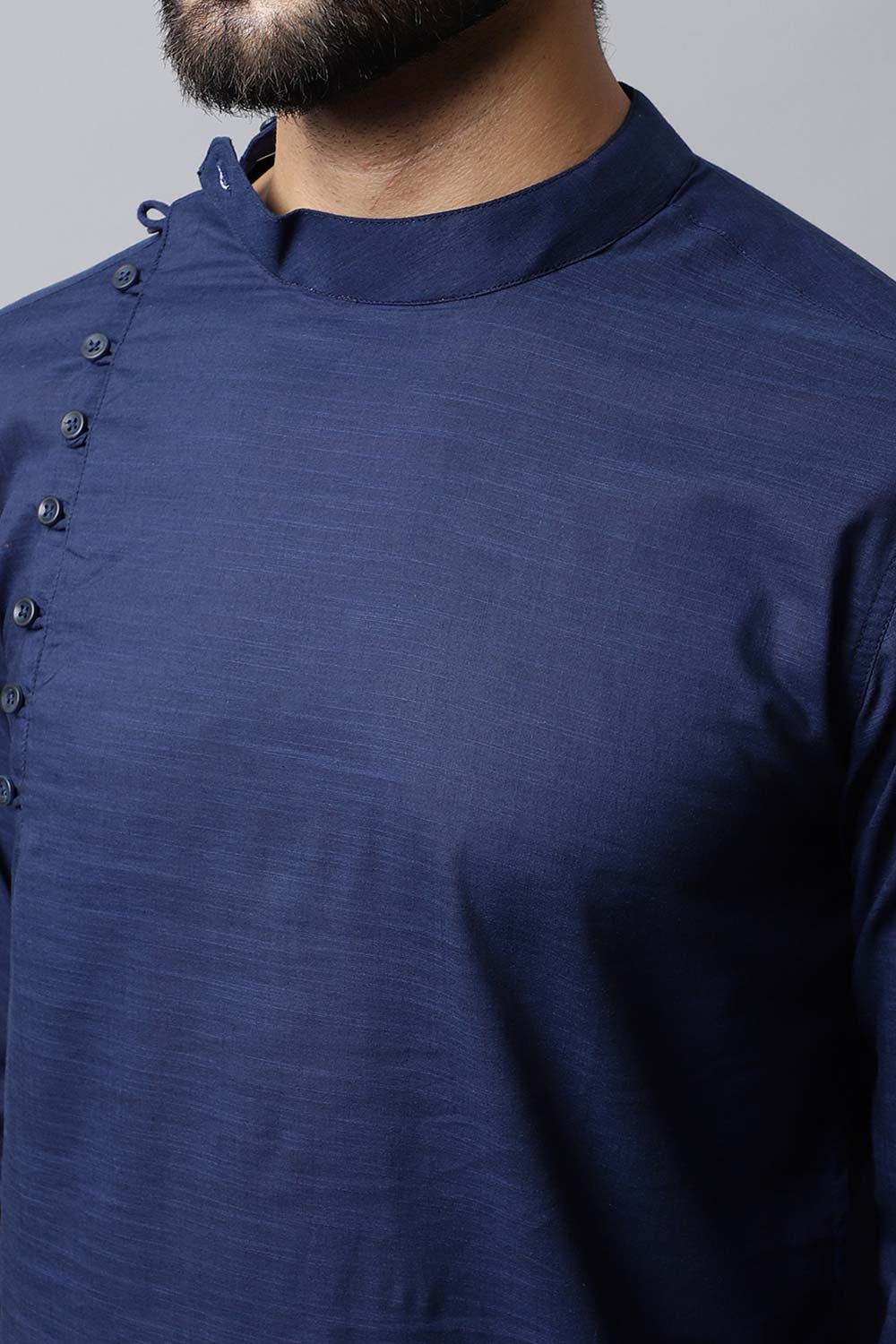 Men's Dark Blue Solid Full Sleeve Short Kurta Top