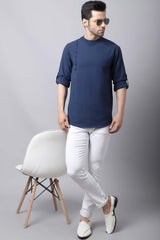 Men's Dark Navy Self-Design Full Sleeve Short Kurta Top