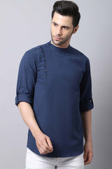 Men's Dark Navy Self-Design Full Sleeve Short Kurta Top