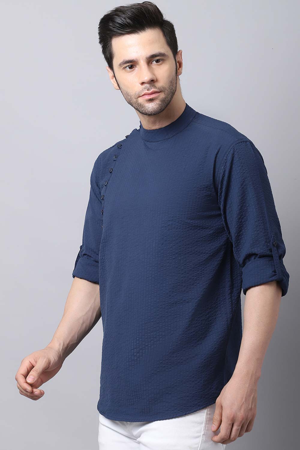 Men's Dark Navy Self-Design Full Sleeve Short Kurta Top