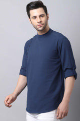 Men's Dark Navy Self-Design Full Sleeve Short Kurta Top