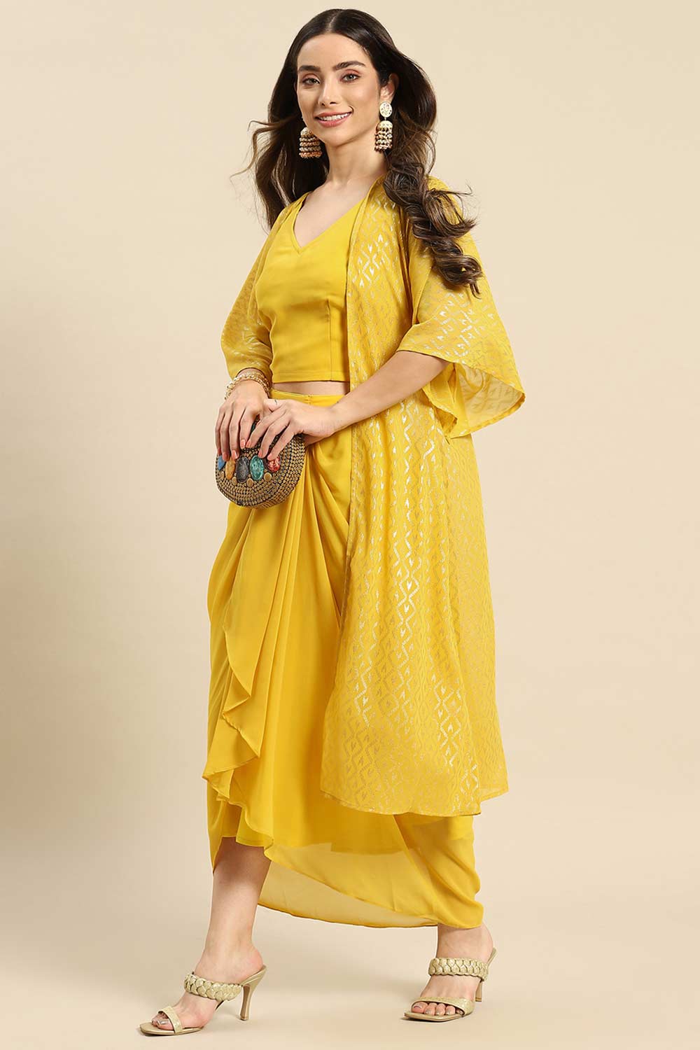 Haldi Partywear Indowestern Skirt Top Shrug Set | Fusion Fashion Dress