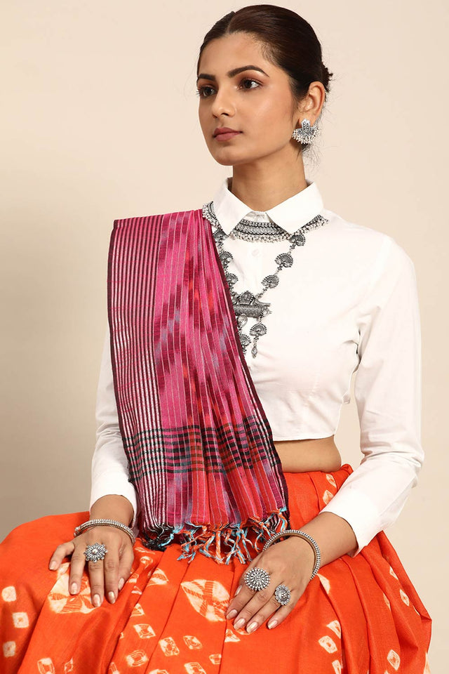 Orange Cotton Block Saree