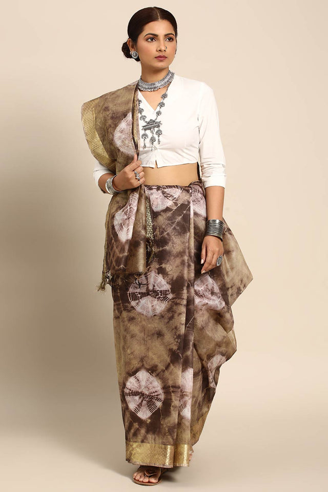 Brown Silk Block Saree