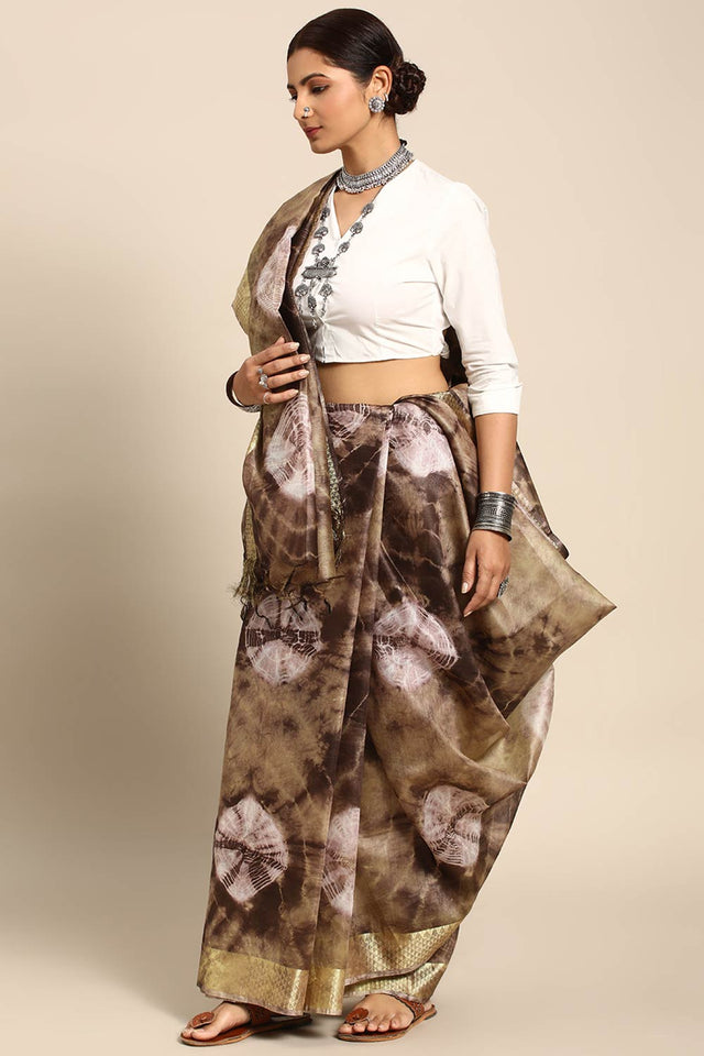 Brown Silk Block Saree