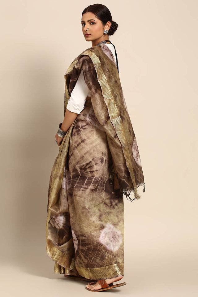 Brown Silk Block Saree