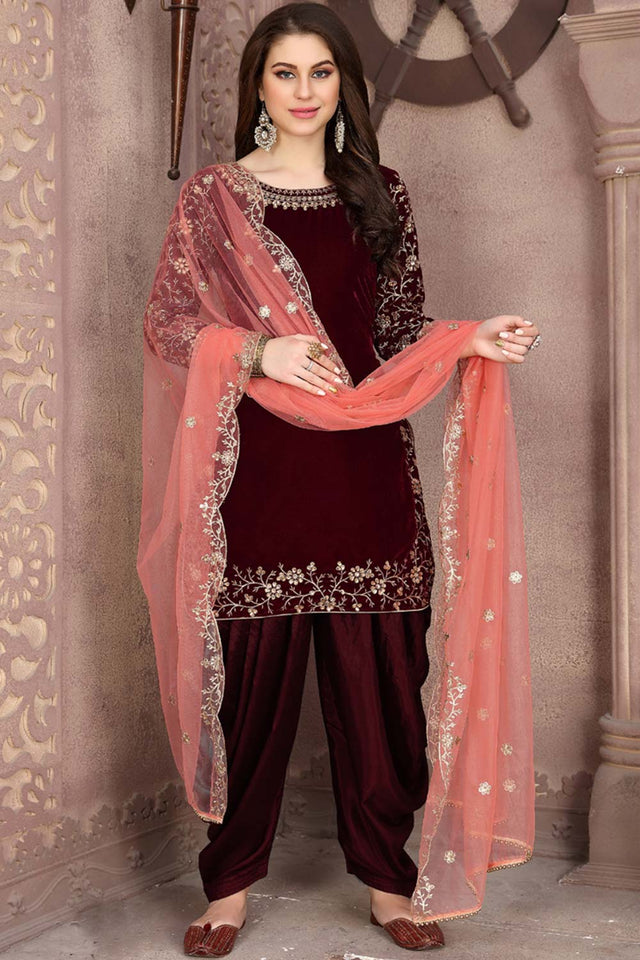 Maroon Velvet Resham Embroidery Patiala Suit Set