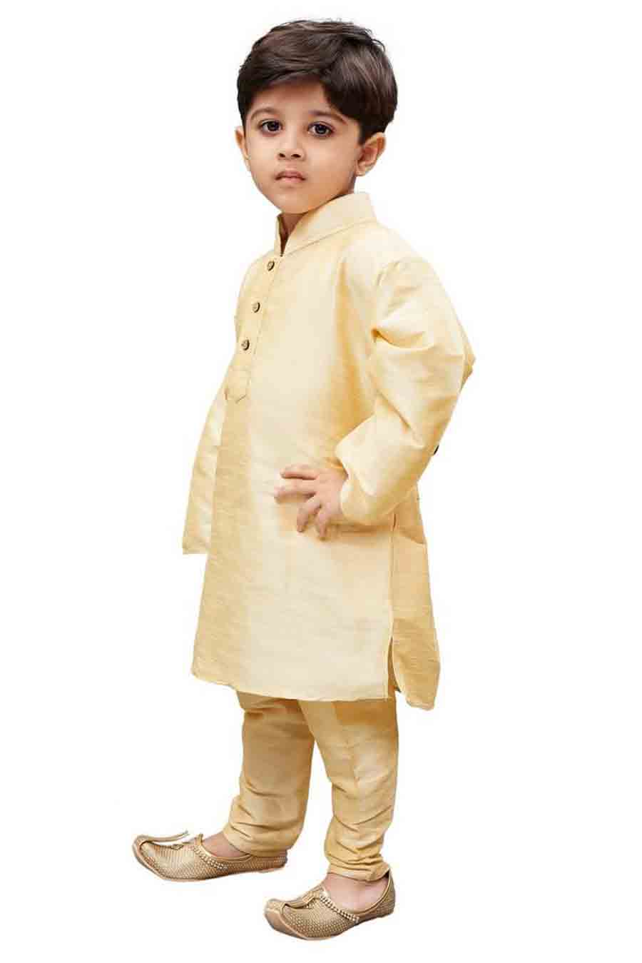 Boy's Cotton Art Silk Solid Kurta And Pajama Set In Gold