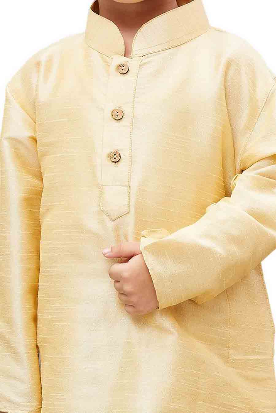Boy's Cotton Art Silk Solid Kurta And Pajama Set In Gold
