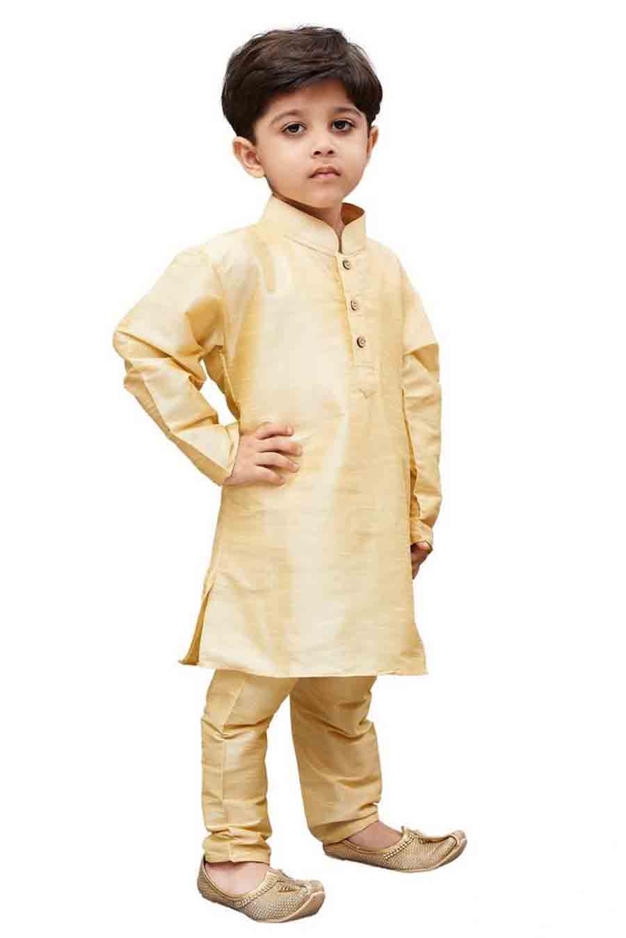 Boy's Cotton Art Silk Solid Kurta And Pajama Set In Gold