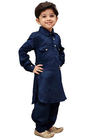 Boy's Cotton Solid Pathani In Blue