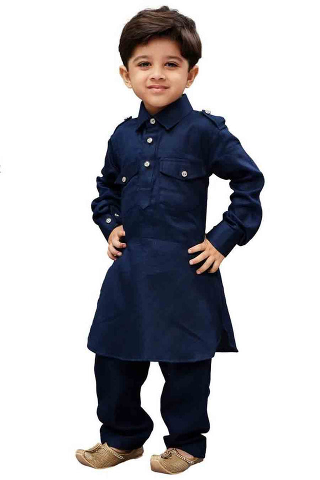 Boy's Cotton Solid Pathani In Blue