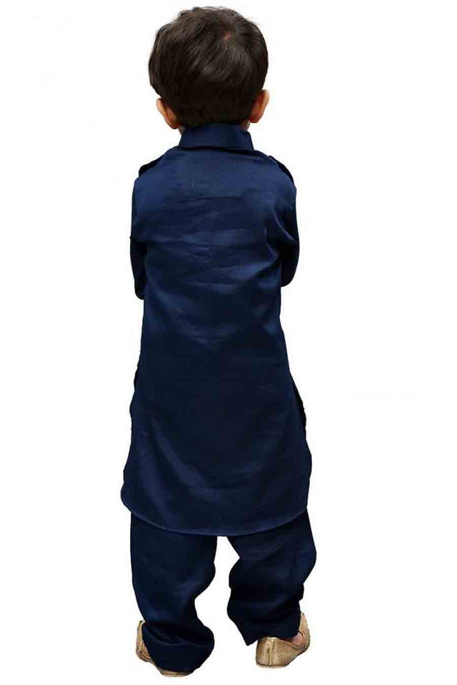 Boy's Cotton Solid Pathani In Blue