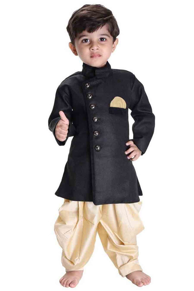 Boy's Cotton Solid Sherwani In Black