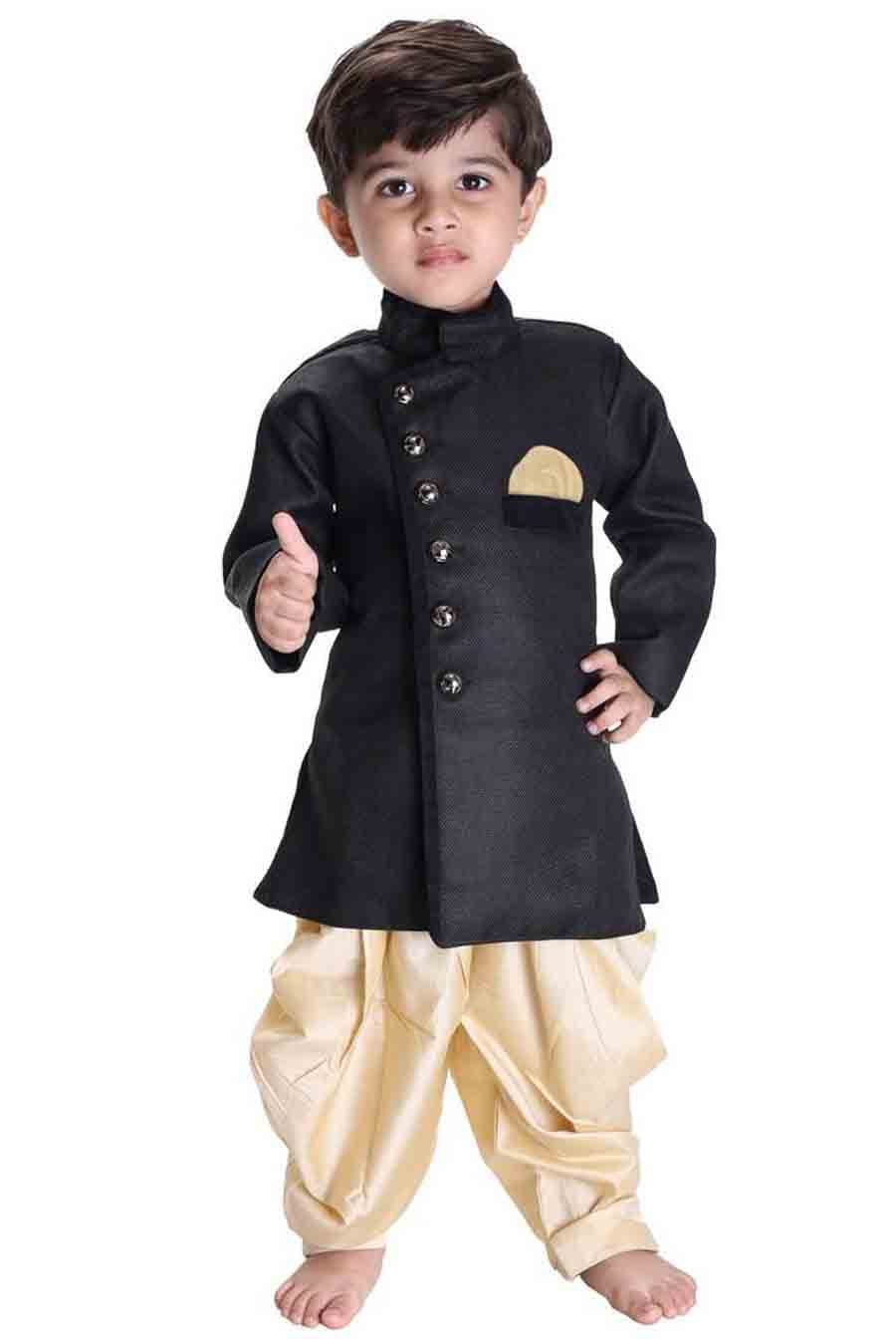 Boy's Cotton Solid Sherwani In Black