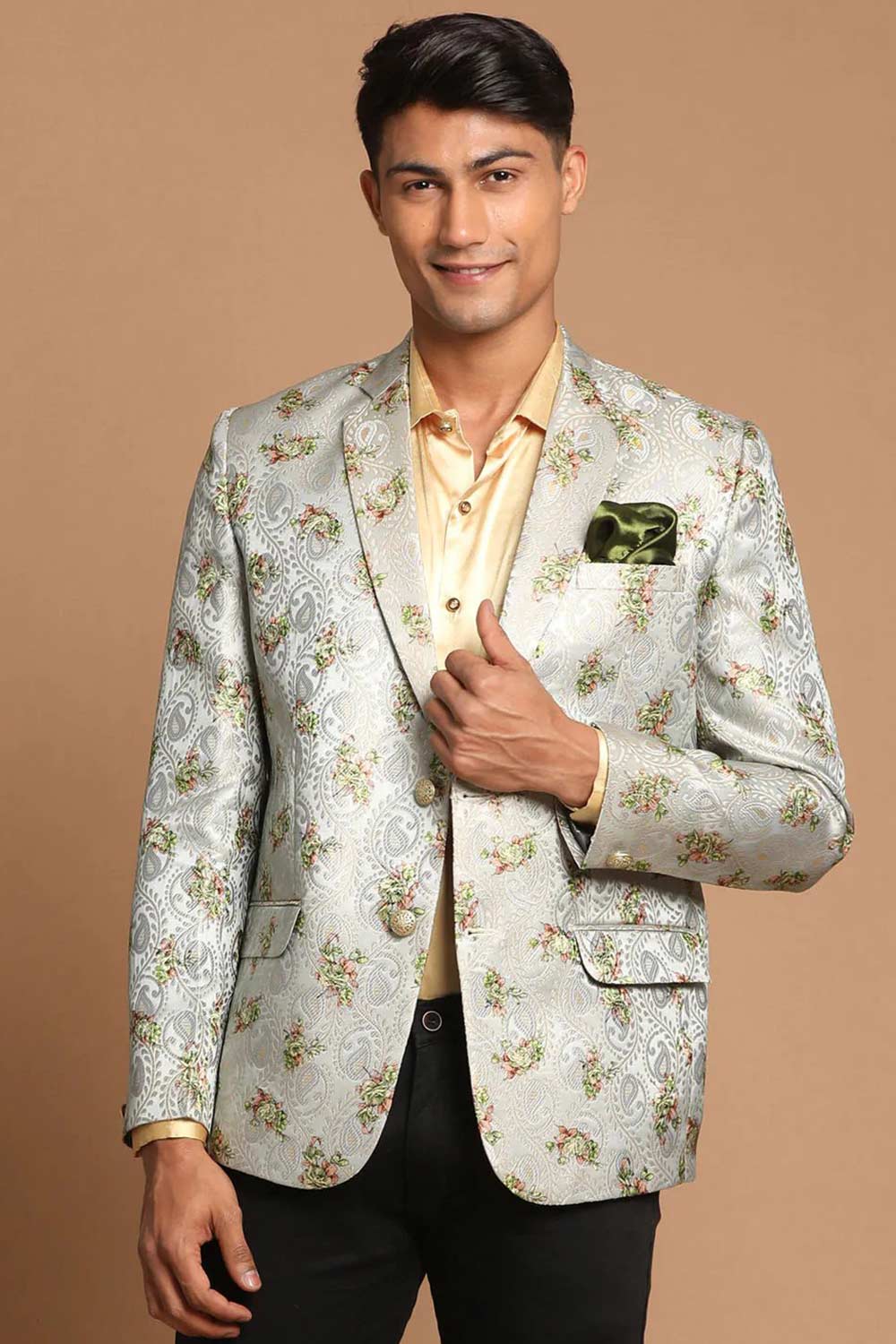 Buy Men's Light Green Silk Blend Woven Jacquard Blazer Online