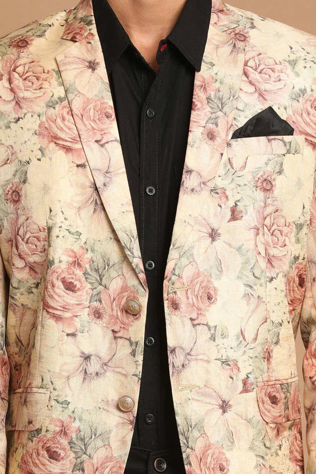 Buy Men's Beige Color Silk Blend Floral Print Blazer Online