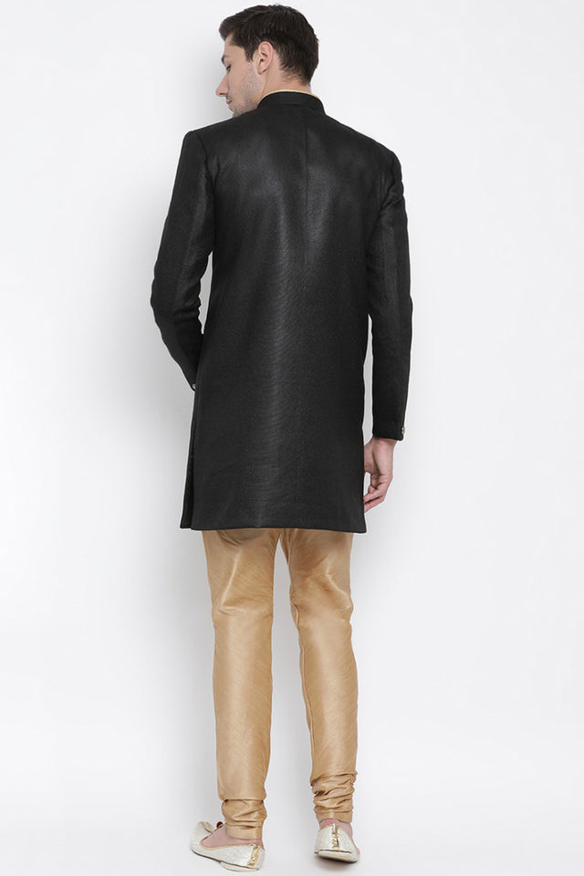 Men's Cotton Blend Indo Western Sherwani Set In Black