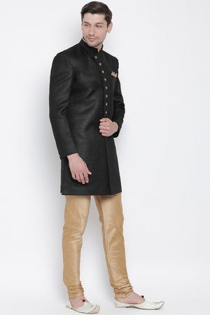 Men's Cotton Blend Indo Western Sherwani Set In Black